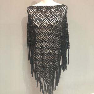 Sweaters - Black Crocheted Poncho with Fringe Detail Sweaters - Black Crocheted Poncho with Fringe Detail